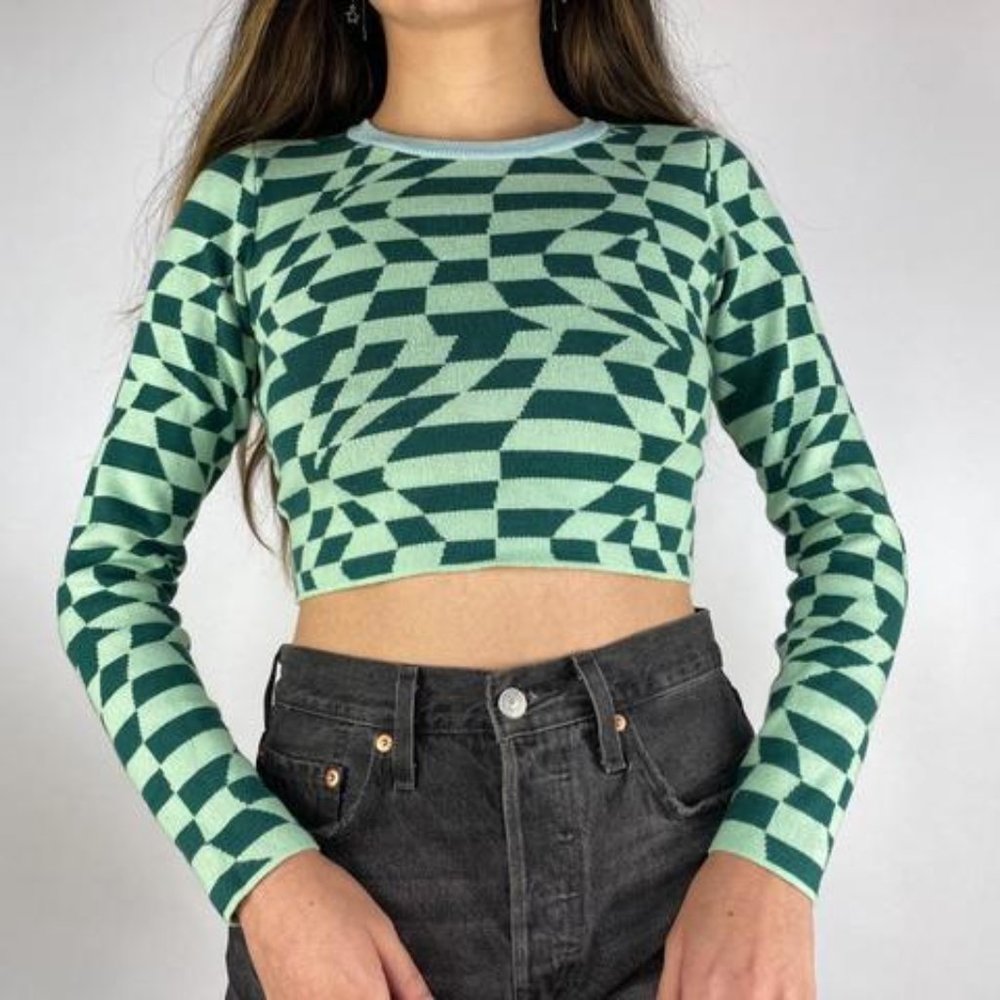 Green Color Block Warped Checkered Top - image 1